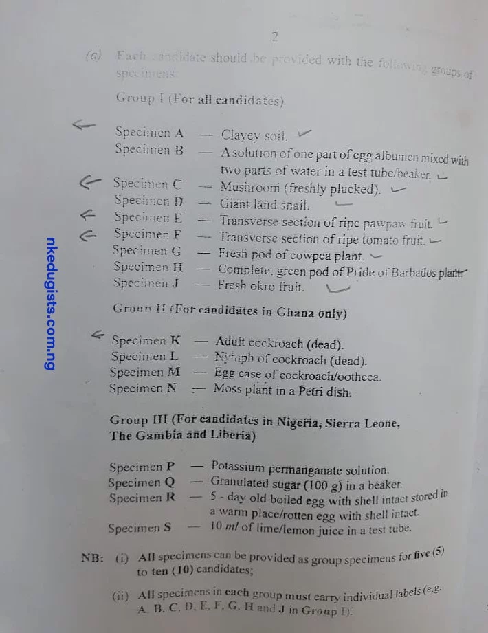 2020 WAEC BIOLOGY PRACTICAL SPECIMENS ANSWERS