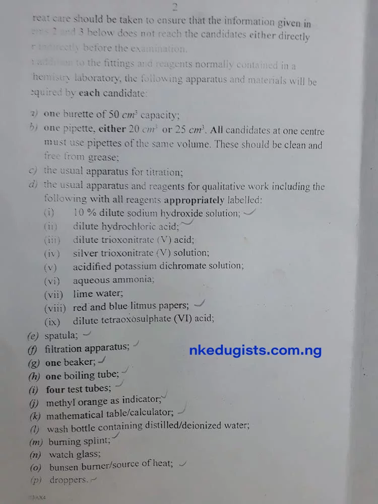 Chemistry Practical Specimen 2020