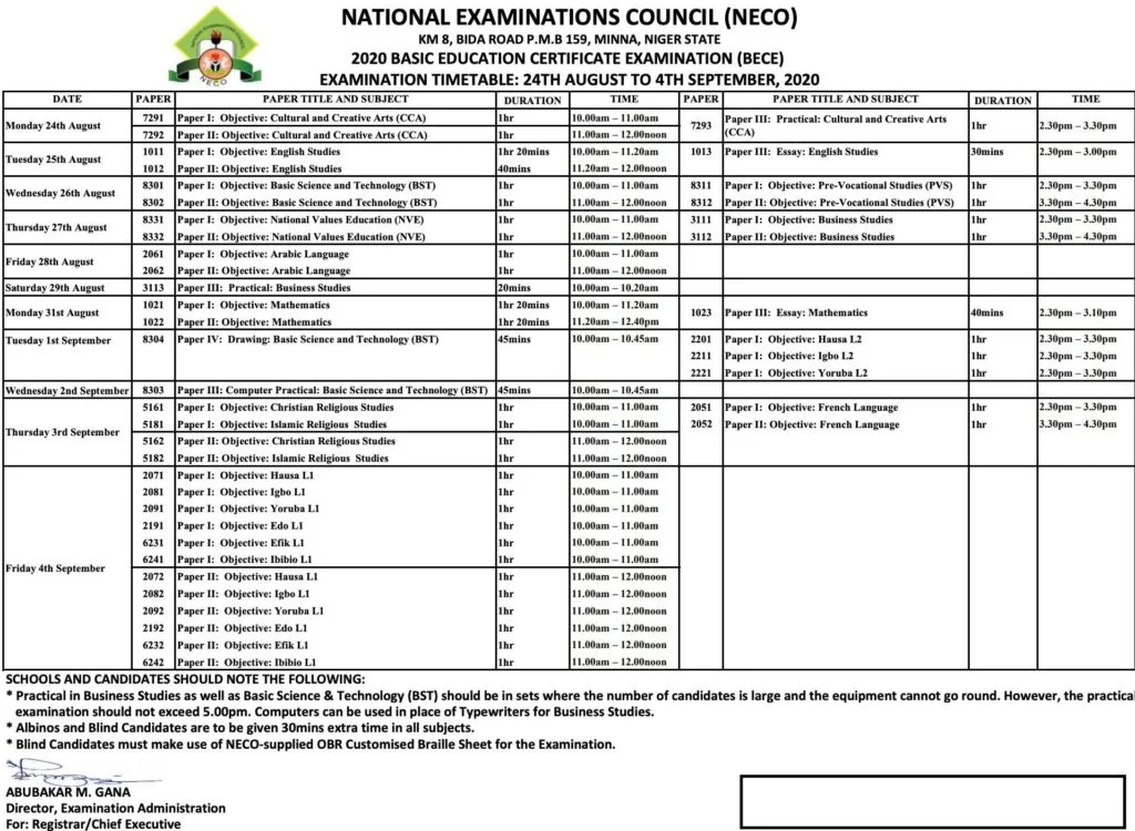 Junior WAEC Timetable