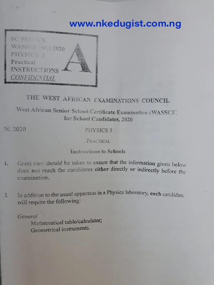 2020 WAEC PHYSICS PRACTICAL SPECIMENS