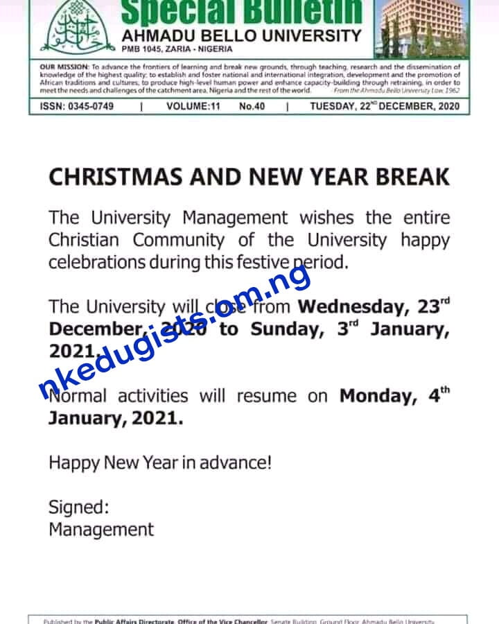 Resumption Date for Ahmad Bello University