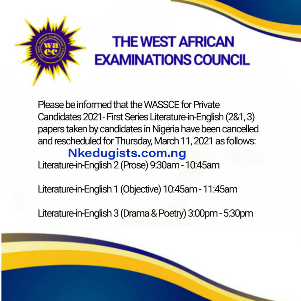 rescheduled date for Literature in English GCE Exam