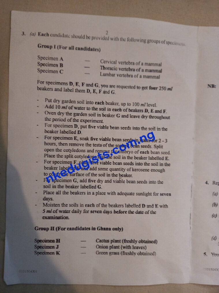 Waec Biology Practical Specimen 2021