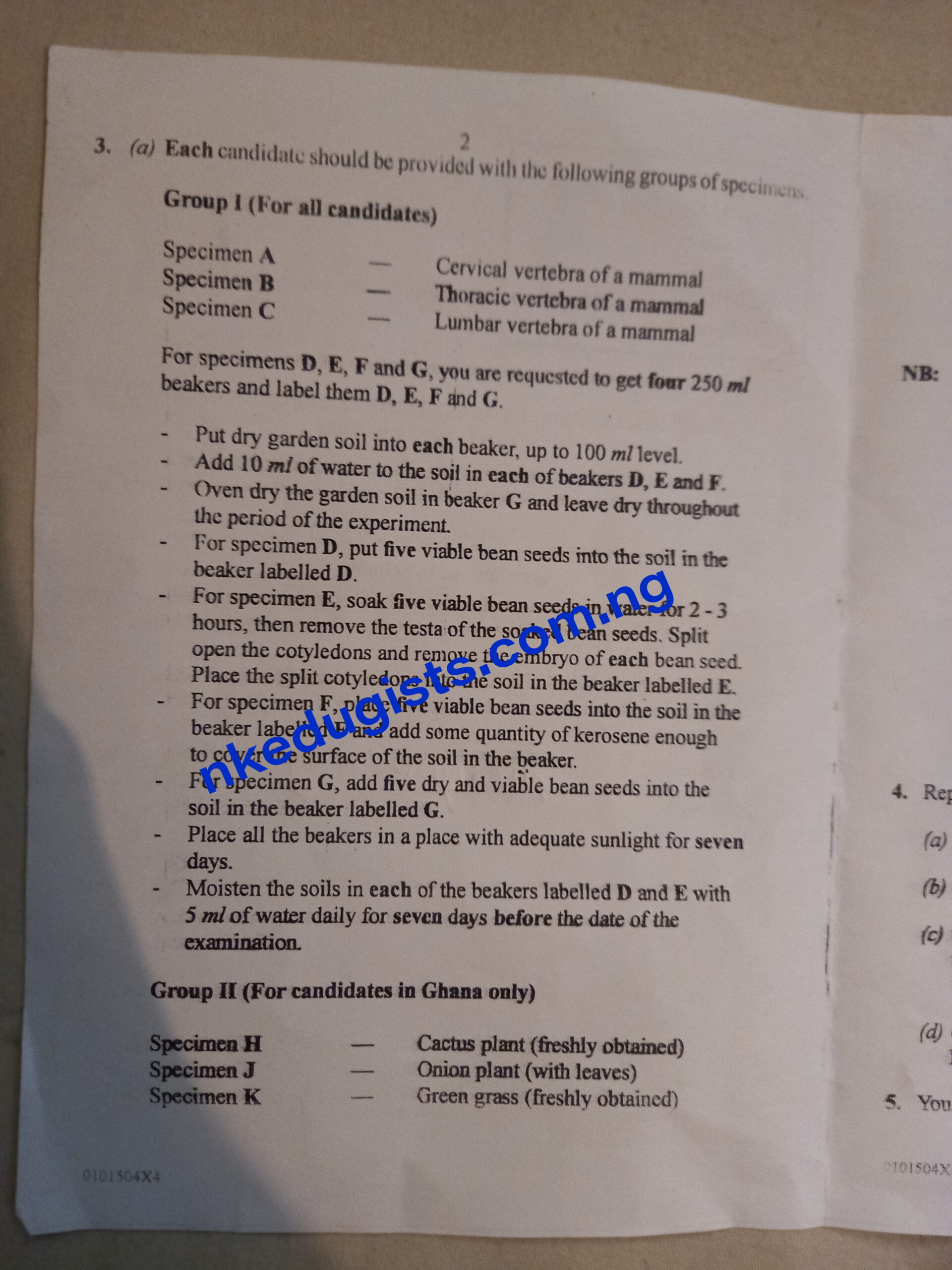 Waec Biology practical specimen Answer 2021