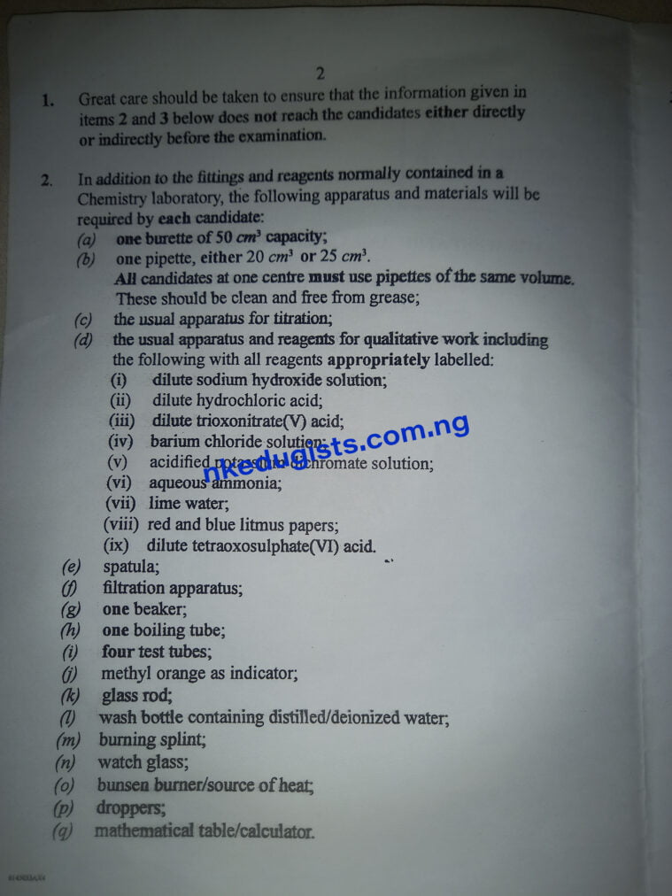 Waec Chemistry Practical Specimen 2021 