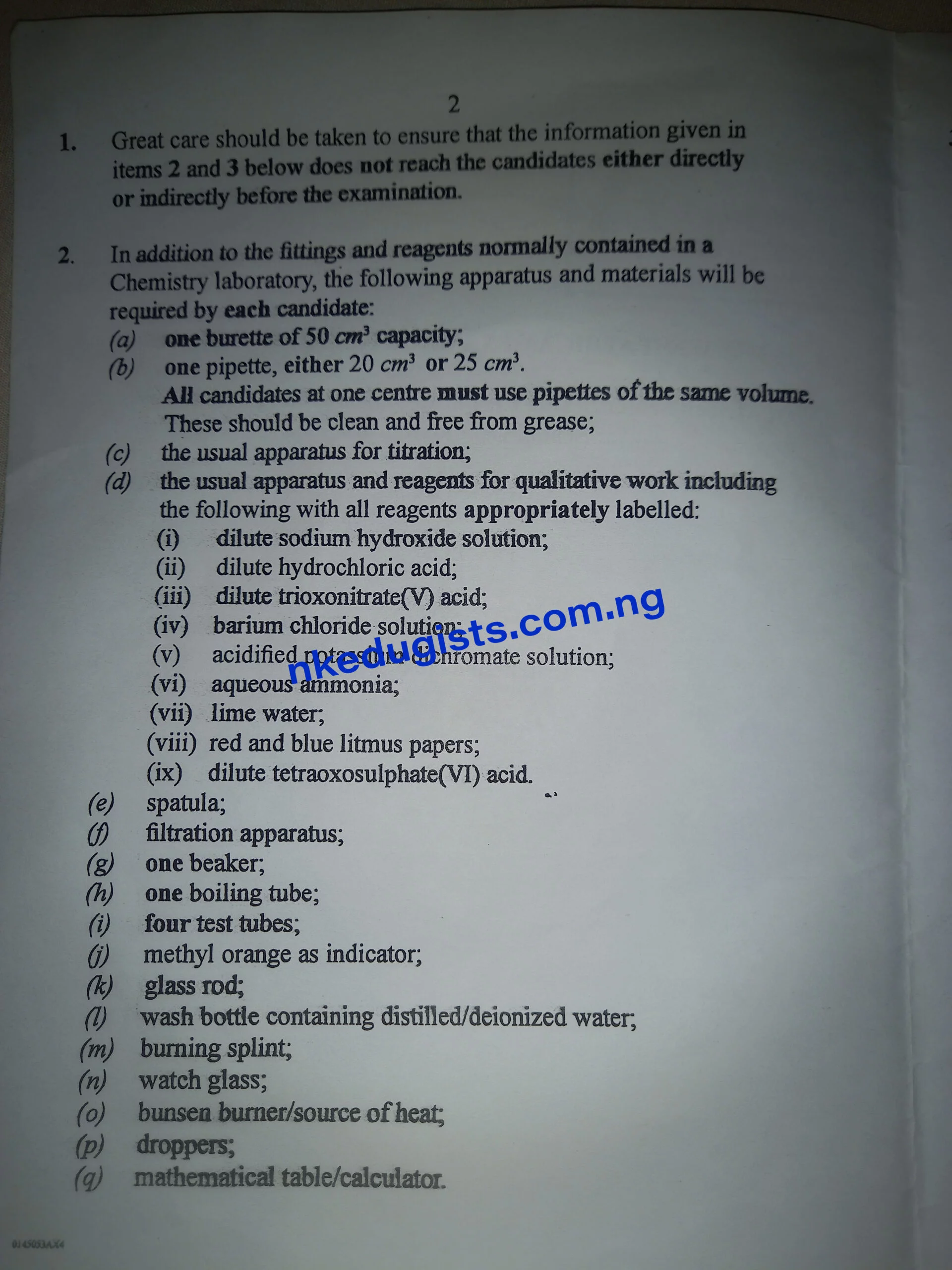 Waec Chemistry Practical Specimen 2021