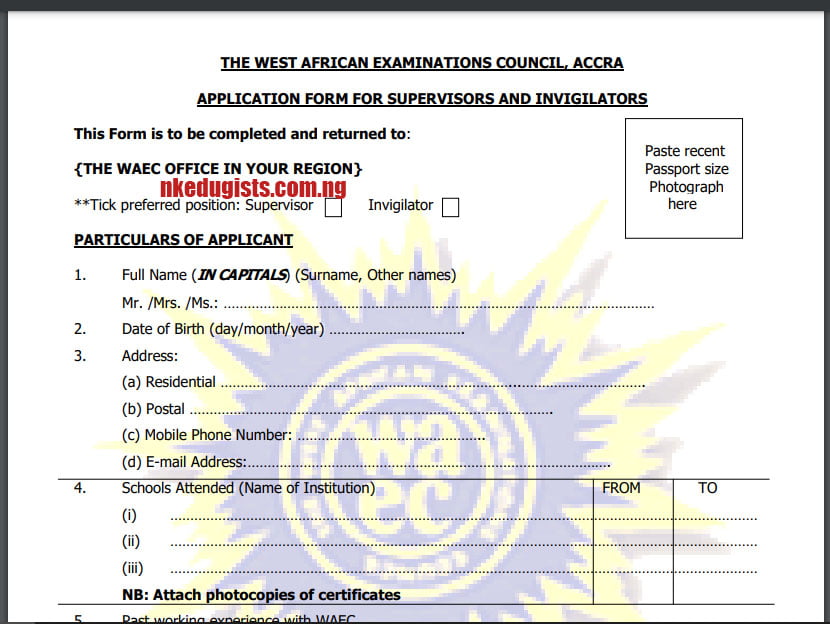 Waec Supervisor Application Form