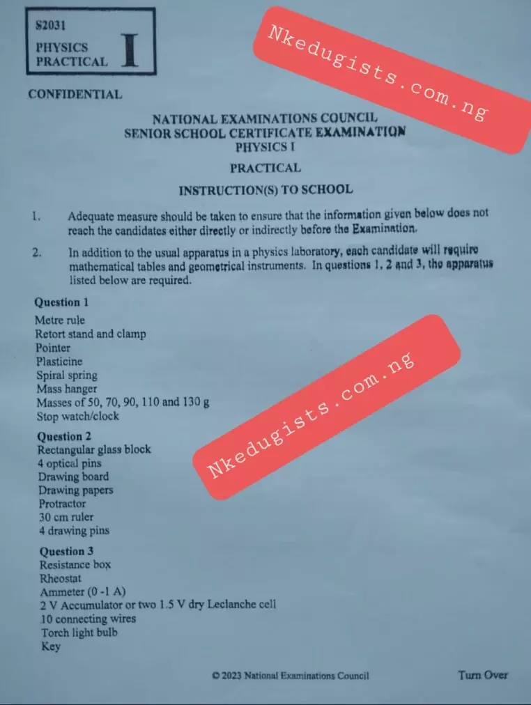 2023 NECO PHYSICS PRACTICAL SPECIMEN