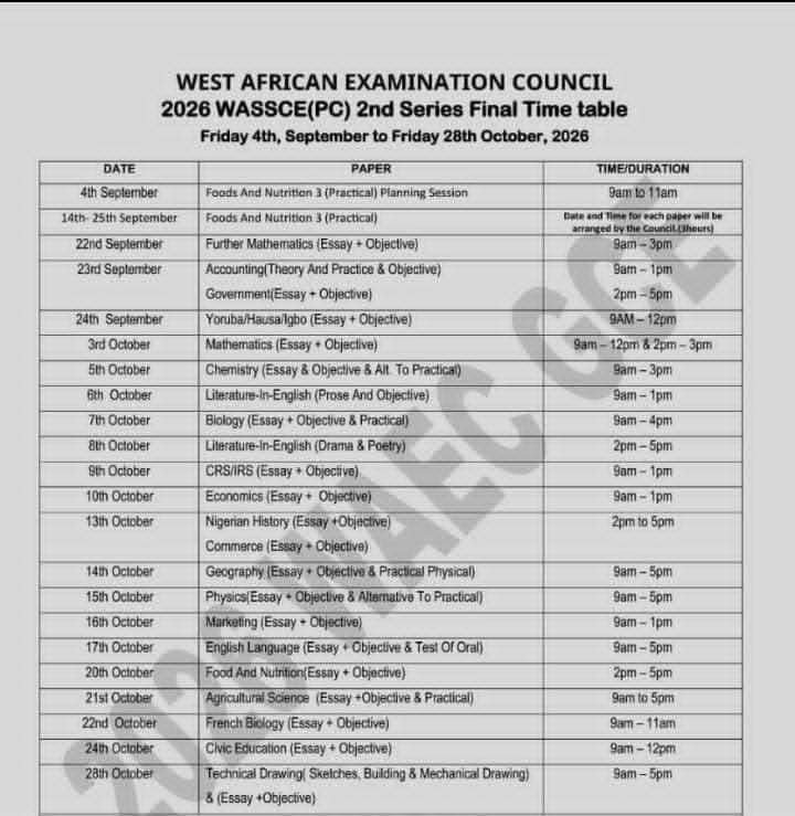 WAEC GCE Second Series Timetable 2026 (Final)