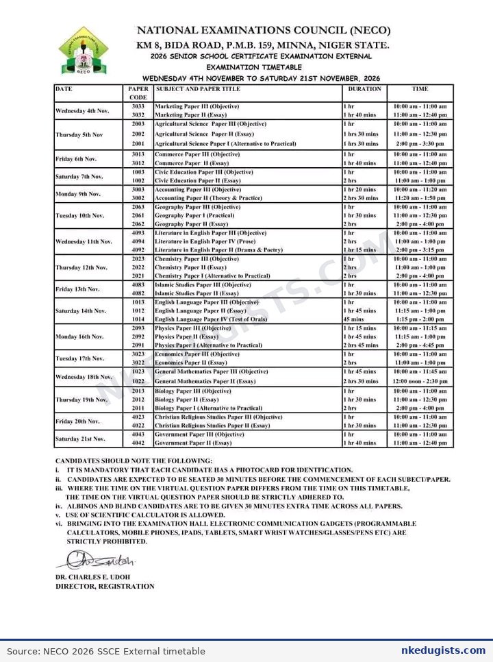 2026 NECO GCE examination timetable